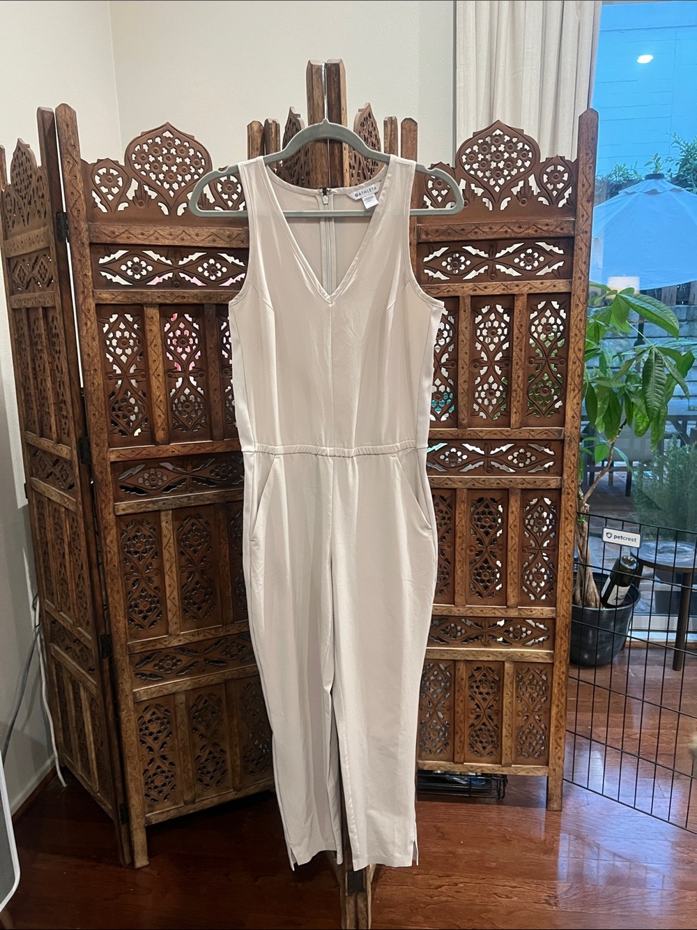 Athleta Sleeveless V-Neck Jumpsuit in Light Taupe